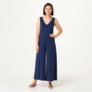 AnyBody Regular Cozy Knit Wide-Leg Reversible Jumpsuit Navy Size Medium